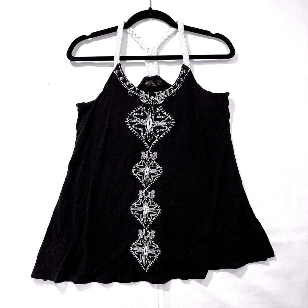 Forever 21 Embroidered Tank Top Sleeveless Braided Strap Black Size S